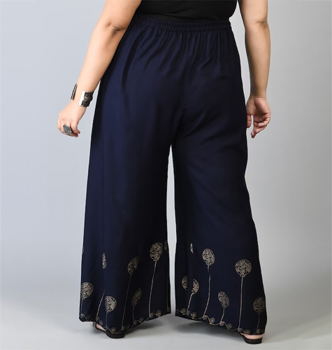 PrettyPlus by Desinoor .com Women Plus Size Navy Blue & Gold-Toned Floral Printed Palazzos